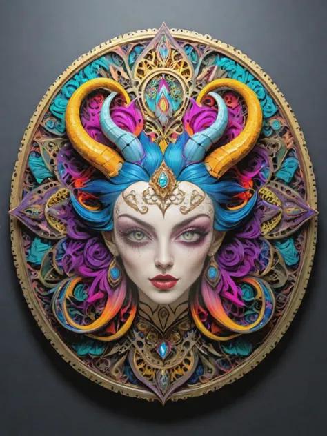 award winning photograph of a colorful Mandala style succubus with tantalizing allure in wonderland, magical, whimsical, fantasy art concept, steampunk, intricate details, best quality, masterpiece, ultra sharp, hyper realistic, realism, AiARTiST, <lora:Mandala_Style:0.8>