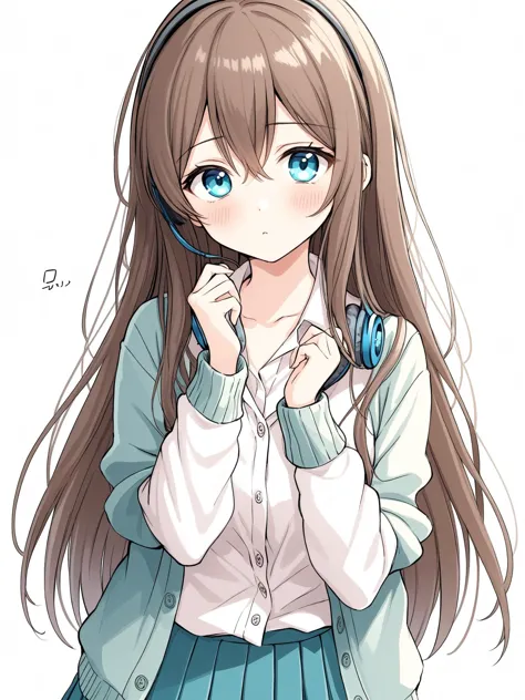 1 Mädchen, Nakano Miku, Kopfhörer around neck, blaue Augen, Kopfhörer, pouT, lange Haare, braune Haare, Strickjacke, shirT, blue Strickjacke, looking aT viewer, erröten, whiTe shirT, :T, whiTe background, breasTs, green skirT, hair beTween eyes, closed mouTh, lange Ärmel, bangs, collared shirT, Allein, Einfacher Hintergrund,  Nutzername, skirT, medium breasTs, Oberkörper, V-förmige Augenbrauen, Haare über einem Auge, cloThes grab, pleaTed skirT