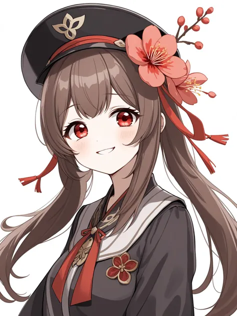 1 Mädchen, Allein, hat, Hu Tao \(Genshin-Einfluss\), Blume, braune Haare, white backgrounD, simple backgrounD, lange Haare, reD eyes, lächeln, offener Mund, Betrachter betrachten, symbol-shapeD pupils, hat Blume, black heaDwear, :D, bangs, upper boDy, Blume-shapeD pupils, Haare zwischen den Augen, Hemd, Zwillingsschwänze, Pflaumenblüten, reD Blume, lange Ärmel