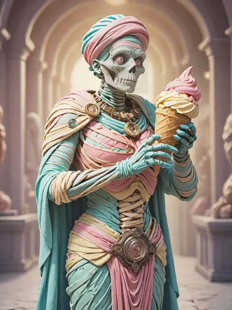 award winning photograph of a colorful GelatoStyle mummy with ancient wisdom in wonderland, magical, whimsical, fantasy art conc...