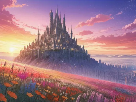 das Schloss im Himmel, pixiv 3dcg, ätherische, sternenbeleuchtete Stadt bei Sonnenuntergang, Feld der Fantasieblumen, warme gesättigte Farben, eeyrie, bunte Architekturzeichnung, in der postapokalyptischen Stadt, von Yoshitaka Amano, mit lebendigem Himmel, deutlicher Horizont