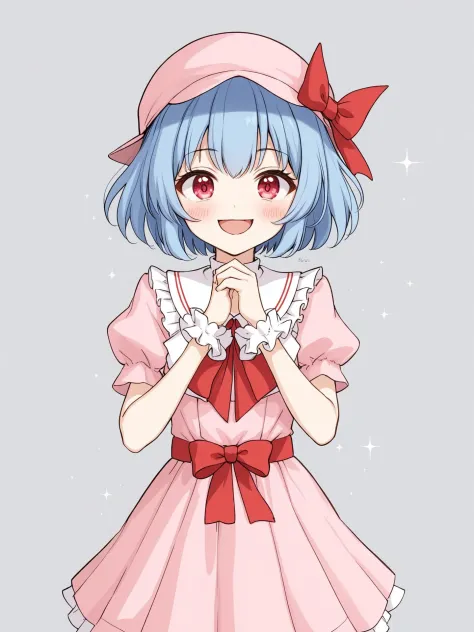 1girl, solo, remilia scarlet, mob cap, brooch, open mouth, blue hair, short sleeves, blush, hat, grey background, puffy sleeves,...