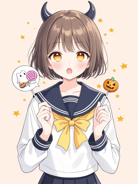 1girl, hair ornament, x hair ornament, candy, horns, food, sleeves past wrists, bat \(animal\), sailor collar, ghost costume, ghost, brown hair, lollipop, yellow eyes, solo, blush, yellow neckerchief, ..., bangs, orange background, short hair, holding candy, > <, hairclip, hair between eyes, school uniform, upper body, neckerchief, simple background, shirt, black sailor collar, long sleeves, halloween, sparkle, spoken ellipsis, white shirt, notice lines, serafuku, heart, holding food