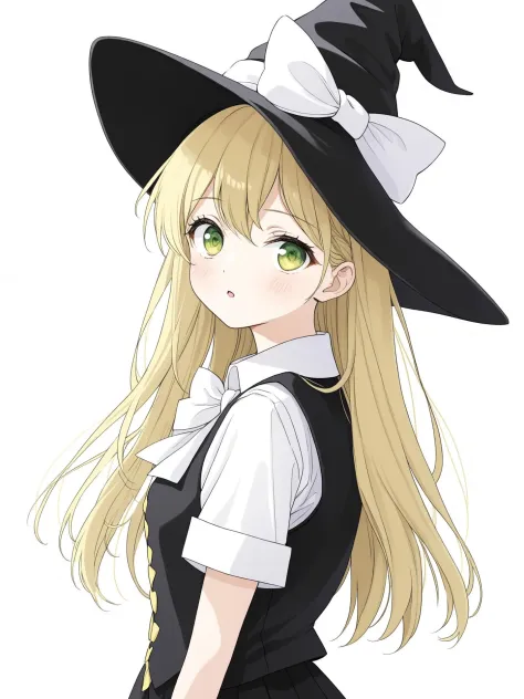 1girl, solo, kirisame marisa, blonde hair, hat, witch hat, yellow eyes, white background, braid, bow, simple background, long hair, looking up, single braid, short sleeves, white shirt, shirt, white bow, hat bow, parted lips, lips, upper body, hair bow, black headwear, hair between eyes, black vest, green bow, vest