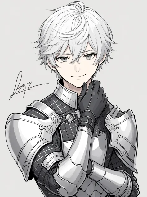 1boy, gloves, male focus, solo, black eyes, black gloves, armor, grey hair, looking at viewer, ahoge, facial mark, checkered bac...