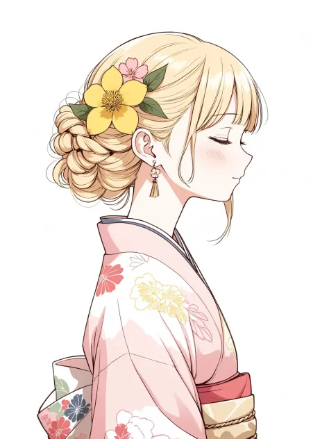 1 Mädchen, Allein, Haarverzierung, Blume, geschlossene Augen, Profil, hair Blume, pink Blume, flechten, Kimono, erröten, Blondes Haar, yellow Blume, Blatt, Ohrringe, Schmuck, japanische kleidung, weißer Hintergrund, Blumenmuster