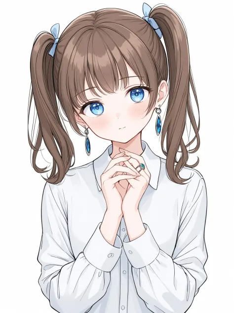 1girl, brown hair, jewelry, solo, blue eyes, blush, earrings, twintails, white background, simple background, ring, shirt, looki...