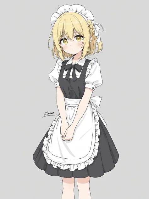 1girl, solo, spoken blush, kirisame marisa, blonde hair, braid, yellow eyes, single braid, white background, no headwear, simple background, blush, short sleeves, apron, hair between eyes, arms behind back, closed mouth, looking at viewer, puffy sleeves, frills, puffy short sleeves, waist apron, dress, short hair, feet out of frame, bow, signature, hair bow, ribbon, vest, black dress, buttons