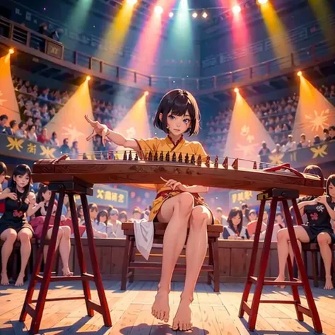 anime girl sitting on a stool in front of a stage with a musical instrument