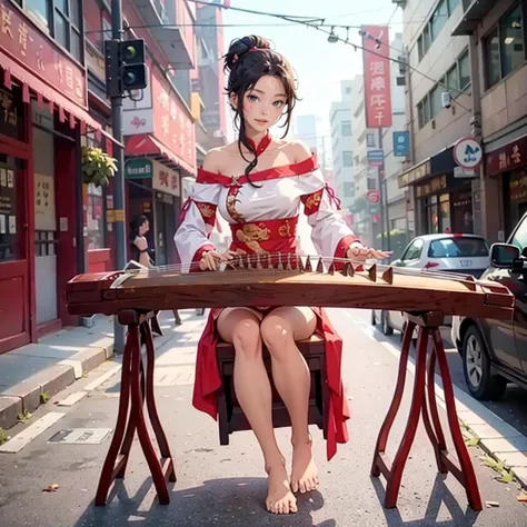 woman in red and white dress sitting on a table with a musical instrument