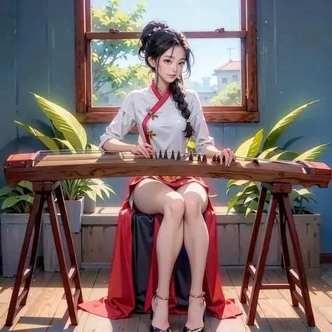 there is a woman sitting on a bench playing a musical instrument