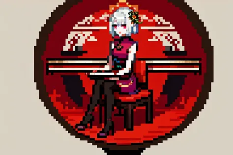 a close up of a pixel art picture of a woman sitting at a desk