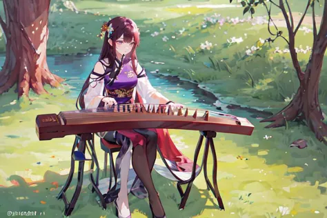 anime girl playing a musical instrument in a park with trees