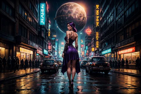 a woman in a purple dress and some men in black and purple outfits and a neon light up background, Enki Bilal, cyberpunk, cyberpunk art, (retrofuturism:1.5), 1girl, building, city, city lights, cityscape, cyberpunk, earth \(planet\), from behind, lens flare, lights, moon, neon lights, night, planet, rain, science fiction, skyscraper, space, thighhighs, underwear, (close-up shot:0.8), (asymmetrical:1.5), (alluring:1.42), (exquisitely seductive:1.34), (sublime:1.42), (fantastically epic:1.34), (masterpiece:1.45), (absurdres:1.42), (8k uhd:1.34), (4k, intricate:1.5), (realistic, photo-realistic:1.37) 