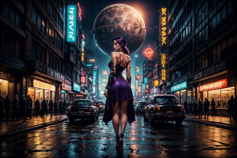 a woman in a purple dress walking down a street at night