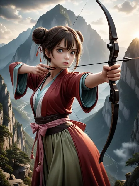 a stunning film photograph, close shot of a (girl/Double bun) wearing (hanfu), pointing with a (perfect bow), (Aiming a Bow:1.2), (Standing on the mountaintop), 
dramatic cinematic film lighting, (prefect hand/4fingers),
perfect black eyes, perfect eyes,
very strong contrast, dramatic Lighting,
strong visual contrast, terrifying, from below,
Tsutomu Nihei, cinematic film style, special effects, VFX, award-winning picture, highly detailed, ultra-high resolutions, 32K UHD, sharp focus,
(photorealistic:1.5), (Extremely realistic, masterpiece, top quality, official art, best quality, beautiful and aesthetic:1.2), 4k, 8k, 
very rich details,  <lora:neg4all_bdsqlsz_xl_V7:1> , <lora:æé¨ä¿®å¤ClearHands_v2.0:1>,  <lora:perfect-eyes:0.38>,  perfecteyes,  <lora:mergedarchedlora:0.8>,