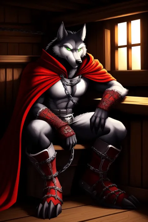 spawn, wolf, sitting, red cape, chains, green eyes, solo, standing, detailed, intricate details, masterpiece, absurdres, best quality, cowboy shot 