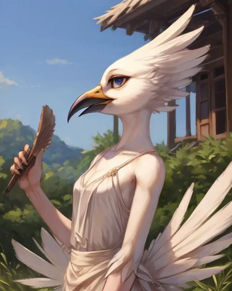 a woman with a bird's head and a feather in her hand