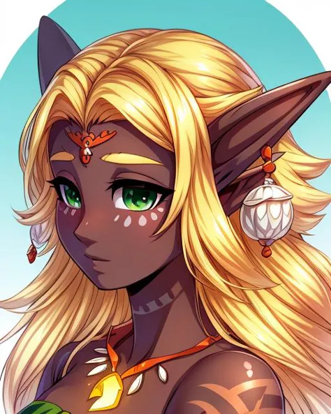 solo, 1girl, shy, SoniaTotk, pointy ears, blonde hair, tattoo, earrings, necklace, green eyes, dark skin, 