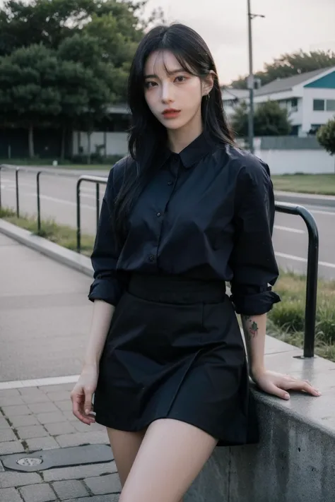 a woman in a black shirt and black skirt posing on a wall