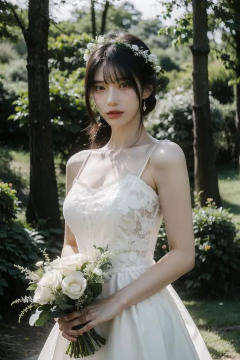 a woman in a wedding dress holding a bouquet of flowers