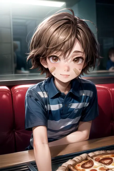 anime boy sitting at a table with a pizza in front of him