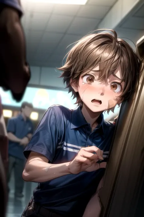 anime boy with a surprised look on his face leaning against a wall