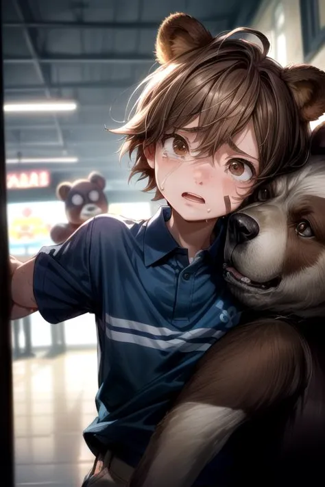 anime boy hugging a dog in a store with a teddy bear