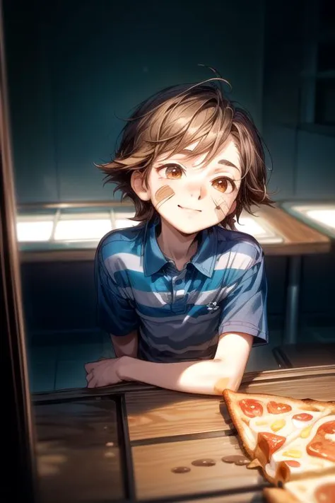 (masterpiece, perfect anatomy, best quality:1.3), (upper body from front:1.3), detailed adorable face, <lora:FNaFGregory:0.6> FNaFGregory, AS-YoungerV2 male focus,  inside detailed arcade pizzeria, sitting down on booth at table pineapple pizza, looking up holding slice of pizza eating slurping melted cheese from pizza, (excited blush smile lip-gloss, detailed Band-Aid on face cheek), (chin-length brown hair, beautiful brown eyes), (blue polo with two horizontal stripes, tan cargo shorts), chiaroscuro, volumetric lighting, volumetric shading, high resolution, extreme detail,  <lora:more_details:1>