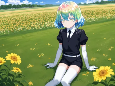 score_9, score_8_up, source_anime,
BREAK
, day light, shade, clouds, flower field, white flovers, yellow flowers, purple flovers, field, grass, hills,
BREAK
<lora:Hoseki_HousekiNoKuni_Diamond_PDXL_v1:0.95> , hskdmnd, crystal hair, colored eyelashes, multicolored hair, short hair, black shirt, puffy short sleeves, collared shirt, black necktie, elbow gloves, white gloves, black shorts, white thighhighs, (black footwear:0.1)