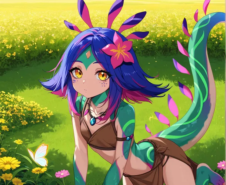 score_9, score_8_up, source_anime, 
BREAK
, flower field, shade, clouds, grass, flowers, butterfly
BREAK
<lora:neeko-xl-nvwls-v1:0.9> ,1girl, neeko, multicolored hair, colored skin, facial mark, forehead mark, hair ornament, lizard tail, hair flower, necklace, (brown crop top:1.1), midriff, brown clothes, loincloth,
looking at viewer,