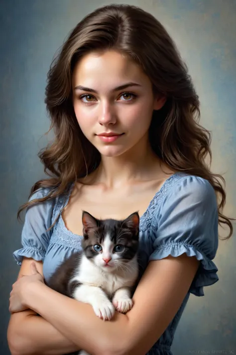 by  Richard S. Johnson , by Andrew Ferez and Serge Marshennikov in the style of Mark Lovett, cute 18 year old woman and her kitten, studio portrait  <lora:more_art:0.30><lora:clothing_slider:2.00><lora:great_lighting:1.30><lora:aesthetic:1.15><lora:photorealistic_portrait:1.25><lora:RMSDXL_Enhance:0.45><lora:RMSDXL_Creative:0.35><lora:RMSDXL_Photo:0.45><lora:RMSDXL_Darkness_Cinema:0.50><lora:XDetail_heavy:0.45><lora:perfect_eyes:0.15><lora:perfect_hands:0.15><lora:midjourney:-0.15><lora:looking_at_viewer:0.75><lora:dpo:0.25>