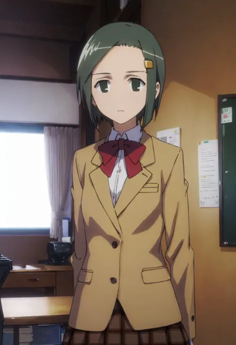 best quality, masterpiece, highres, solo, {hata_ranko_seitokaiyakuindomo:0.90}, 1girl, school_uniform, blazer, black_eyes, camera