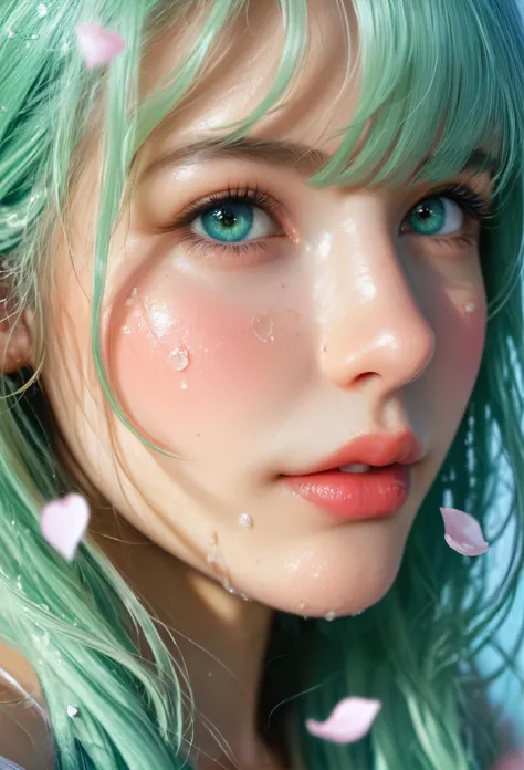 realistisch, Profilbild des Mädchens, hellgrüne lange Haare mit Pony, hellblaue Blütenblätter auf den Wangen, realistisch skin texture, Detailbild, Nahaufnahme, HD32k