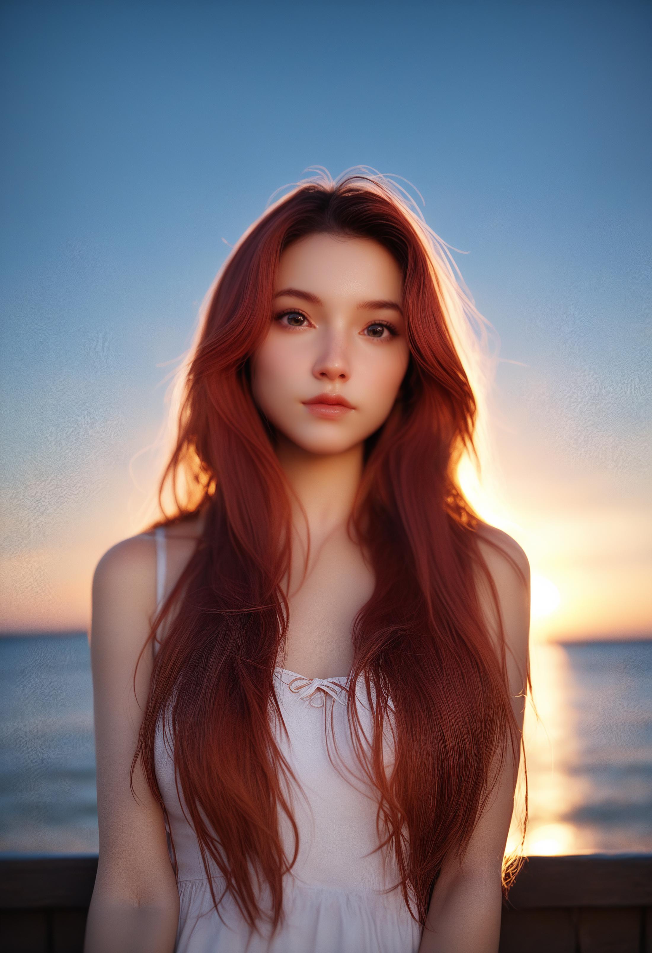 A woman with long red hair standing in front of the ocean - SeaArt AI