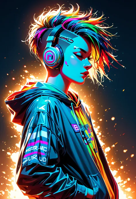 a woman with headphones on and a neon jacket