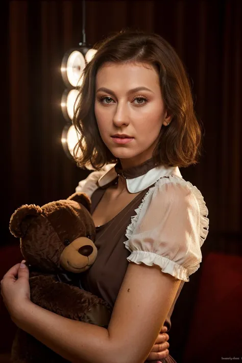 emyliaargan, hugging a big teddy bear, medium brown hair, makeup, collar blouse, cinematic, portrait, rim light, highly-detailed, ultra-realistic,