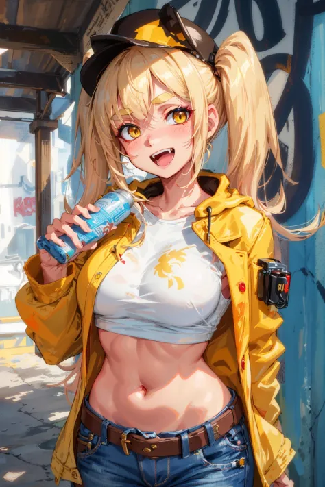 Original Character, Volumetric Lighting, Best Shadows, Shallow Depth of Field, Portrait Of Stunningly Beautiful Girl, Petite, Delicate Beautiful Attractive Face With Alluring Yellow Eyes, Messy Painted Face, Sharp Eyebrows, Broadly Smiling, Open Mouth, Fangs Out, Lovely Medium Breasts, Layered Long Twintail Blond Hair, Blush Eyeshadow, Thick Eyelashes, Applejack Hat, Oversized Pop Jacket, Mini Underboob Tee, Open Navel, Slim Waist, Denim Jeans Pants, With Buckle Belt, In The Graffiti Alley, Waste Container, Outside Stairs, Outdoor Unit, Holding Spray Paint Can, Standing, (Highest Quality, Amazing Details:1.25), (Solo:1.3), Brilliant Colorful Paintings