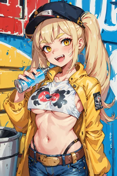 Original Character, Volumetric Lighting, Best Shadows, Shallow Depth of Field, Portrait Of Stunningly Beautiful Girl, Petite, Delicate Beautiful Attractive Face With Alluring Yellow Eyes, Messy Painted Face, Sharp Eyebrows, Broadly Smiling, Open Mouth, Fangs Out, Lovely Medium Breasts, Layered Long Twintail Blond Hair, Blush Eyeshadow, Thick Eyelashes, Applejack Hat, Oversized Pop Jacket, Mini Underboob Tee, Open Navel, Slim Waist, Denim Jeans Pants, With Buckle Belt, In The Graffiti Alley, Waste Container, Outside Stairs, Outdoor Unit, Holding Spray Paint Can, Standing, (Highest Quality, Amazing Details:1.25), (Solo:1.3), Brilliant Colorful Paintings