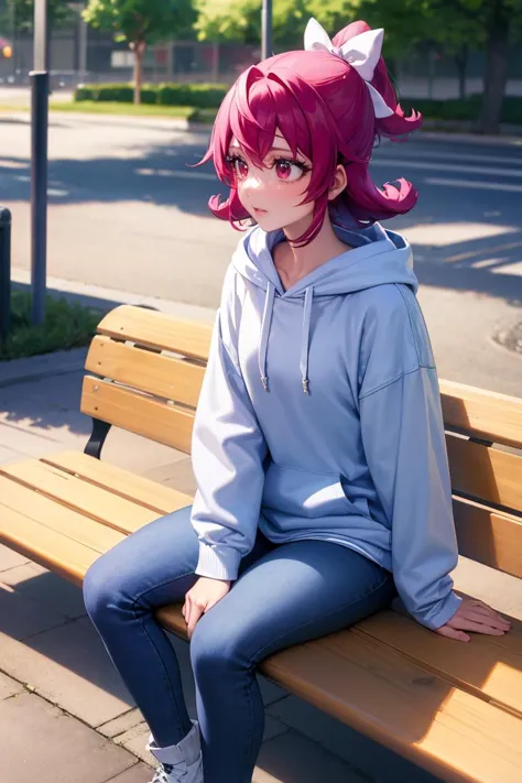 anime girl sitting on a bench with a cat ears on her head