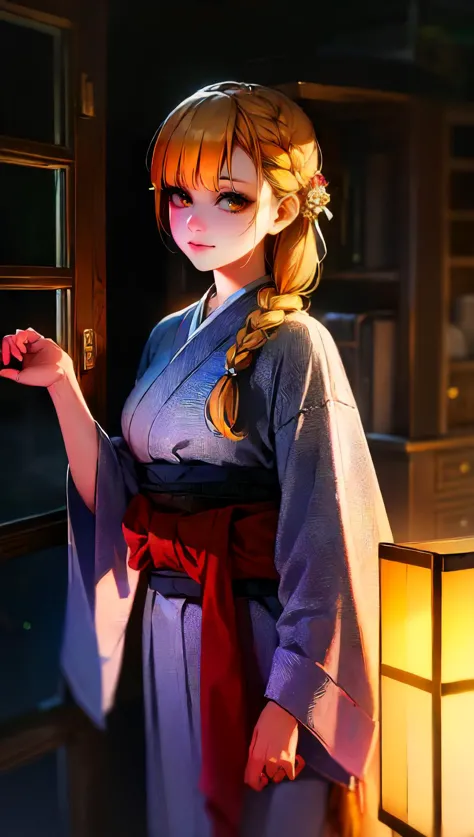 a woman in a kimono outfit standing by a window