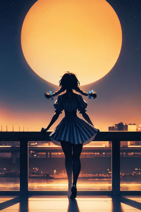 masterpiece, best quality, <lora:style shadow:.95> silhouette, shadow, outdoors, night sky, moon, 1girl, solo, <lora:fastfood_we...