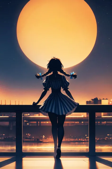 chef-d&#39;œuvre, Meilleure qualité, silhouette, ombre, En plein air, ciel de nuit, lune, 1fille, seulement, ffwendys, tresses jumelles, arc de cheveux, robe rayée, Manches rayées, Manches bouffantes, Cuisses rayées