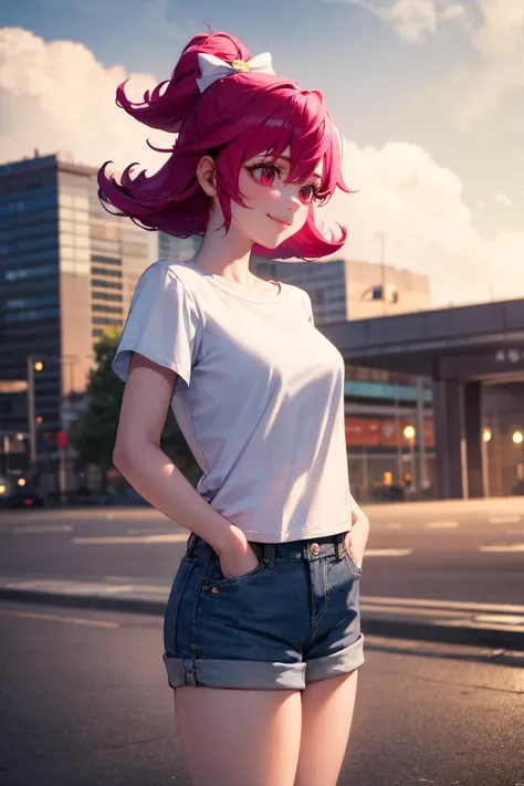 anime girl with pink hair and blue shorts posing in the street