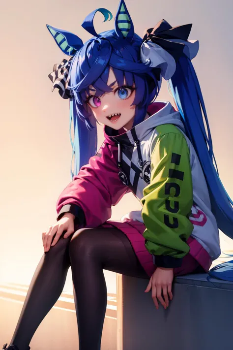 best quality, hand on own knee, <lora:umamusume_twinturbo-10:.9> twinturbo, sharp teeth, ahoge, twintails, hair ribbon, horse ears, heterochromia, horse tails, hoodie, long sleeves, pantyhose