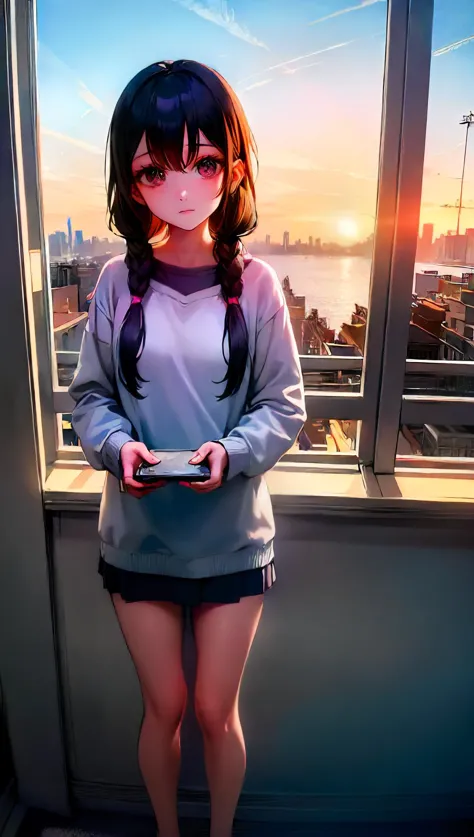 anime girl standing on a balcony holding a cell phone