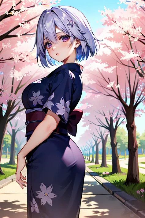 anime girl in a kimono dress standing in a park