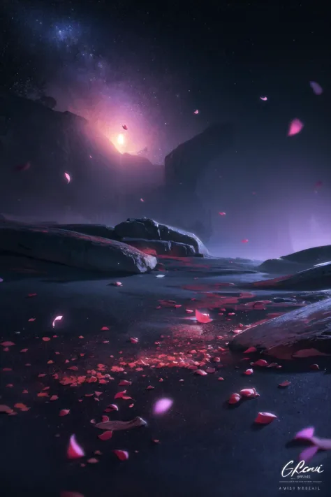 a car is parked in a desert with petals on the ground