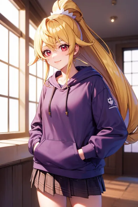 anime girl with long blonde hair and purple hoodie posing in front of window