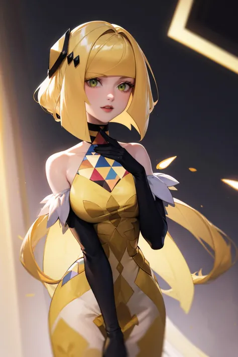 best quality, hand in bra, <lora:lusamine-pokemon-richy-v1:.9> lusaminesyg, mature female, hair ornament, sygdress, halterneck, black gloves, elbow gloves,